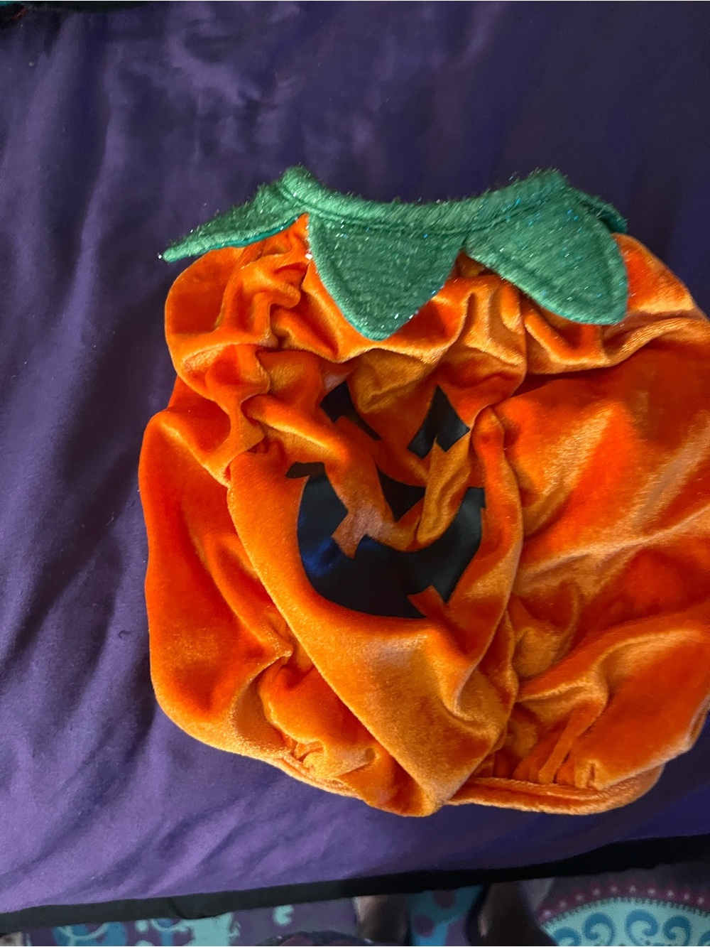 & Other Stories Orange Velvet Pumpkin Dog Costume Hat with Green Leaf Trim